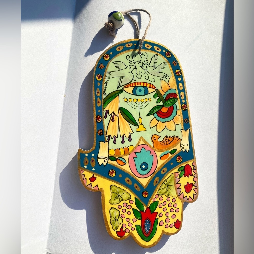 Emanuel Hand Painted wooden hamsa hand evil eye protection